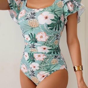 Eomenie One Piece Swimsuit 2XL NWOT Tropical Pineapple Floral Open Back